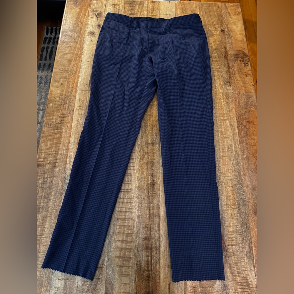 BOSS Hugo Boss Blue checkered Genius 5 100% virgin wool raw hem dress Pants 44R